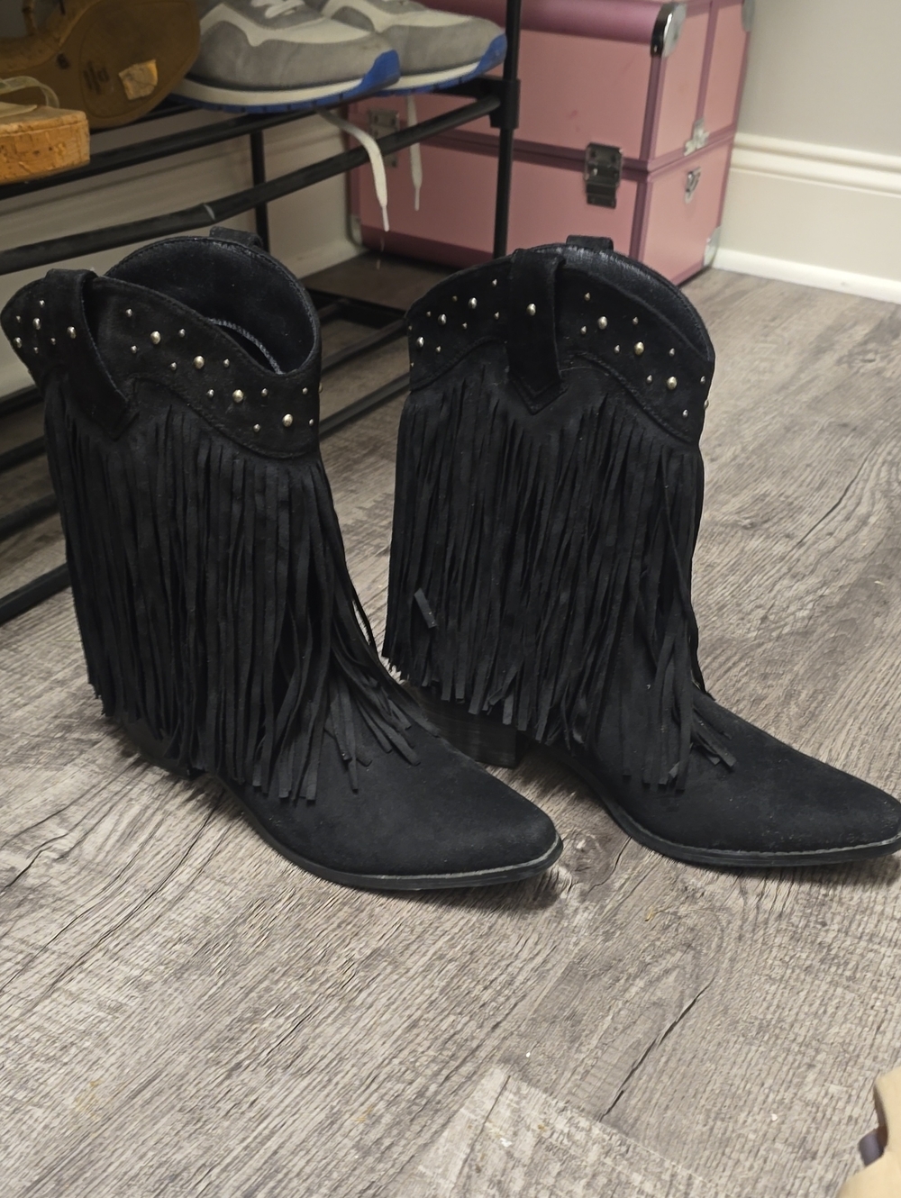 Black Fringe Suede Western Ankle Boots